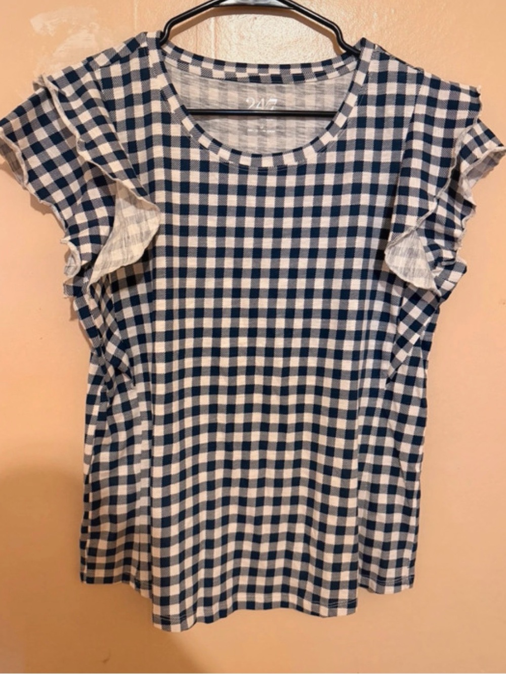 Blue and White Gingham Ruffle Sleeve Top -